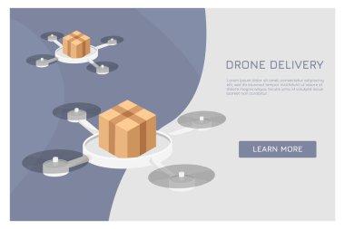 Drone teslimat konsepti, hızlı teslimat, haritanın üzerinde uçan ve taşıyan otomatik kuadkopter. Web sayfası, uygulama tasarımı