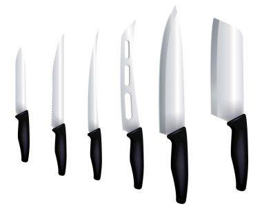 Mutfak bıçakları izole edilmiş. Et aşçısı, baltayı kesen, çatal bıçak kullanan tipler. Mutfak için keskin bıçaklar, katlanan savaş bıçağı paslanmaz çeliği kesmek için mutfak gereçleri.