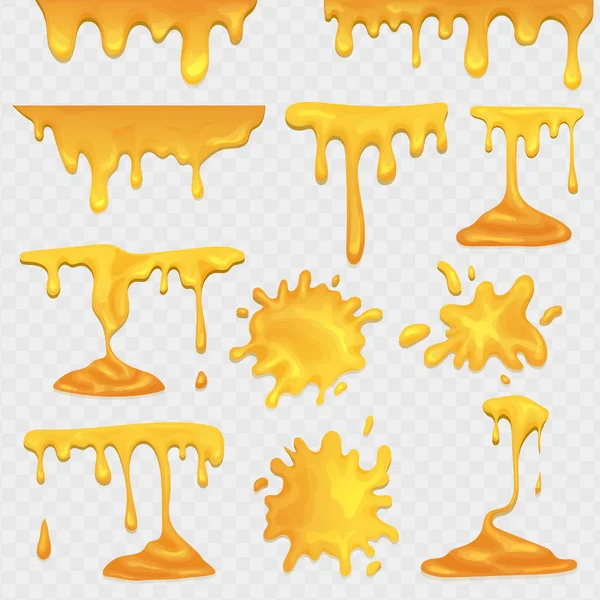 Honey Flowing Dripping Set Maple Syrup Caramel Sweet Sugar Realistic — Stock Vector