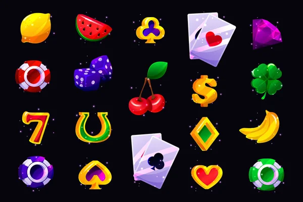 Casino Spielautomat Symbol Vector Spielautomat Badge Kit Obst Set Karten — Stockvektor