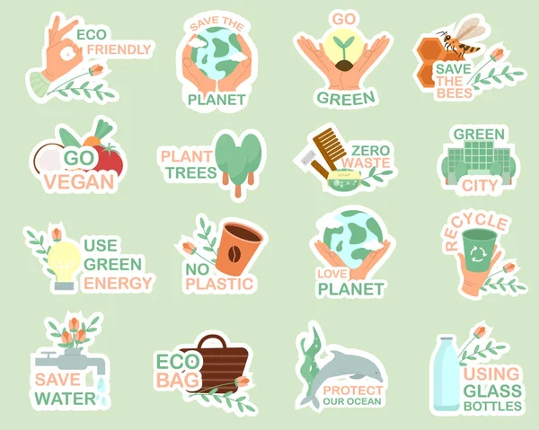 Coleção Ecologia Adesivos Veganos Slogans Não Mais Plástico Salvar Planeta —  Vetores de Stock