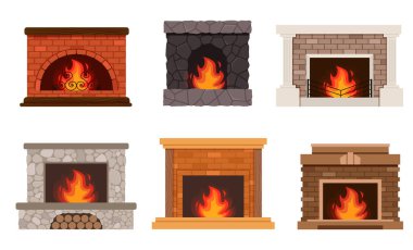 Fireplace color flat icons set. Fireplaces and hearths design elements set. Collection of various fireplaces. Home fireplace collection