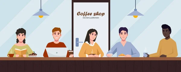 People Coffeehouse Flat Young People Communicating Working Coffeehouse People Relax — Wektor stockowy