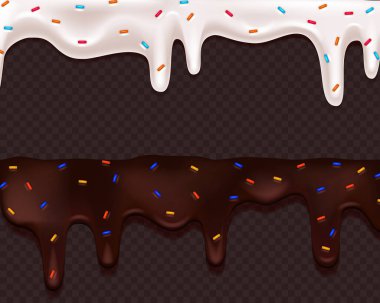 Realistic drip cream drops melt drops with sprinkles. Melted white sweet liquid splashes, glossy cream border with dripping droplets. Seamless pattern. 3d realistic vector