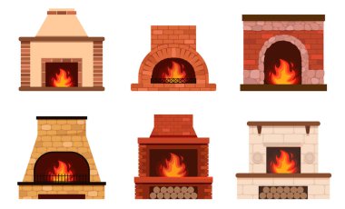 Fireplace color flat icons set. Fireplaces and hearths design elements set. Collection of various fireplaces. Home fireplace collection