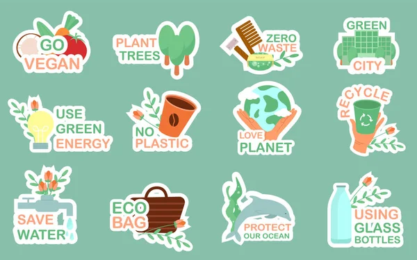 Coleção Ecologia Adesivos Veganos Slogans Não Mais Plástico Salvar Planeta — Vetor de Stock