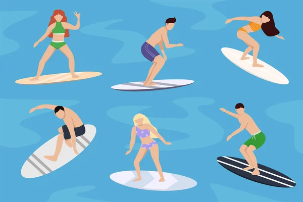 Surfistas Personajes Las Personas Bordo Diseccionan Olas Marinas Oceánicas Deportes — Vector de stock