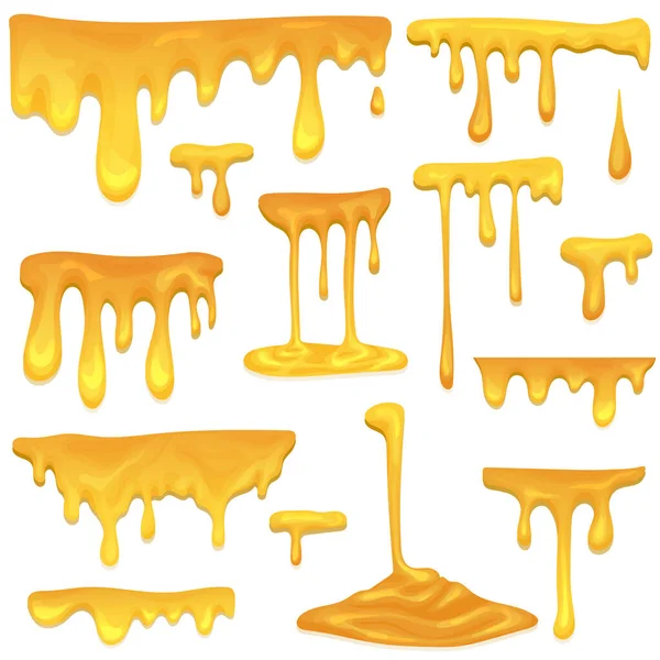 Honey Flowing Dripping Set Maple Syrup Caramel Sweet Sugar Realistic — Stock Vector