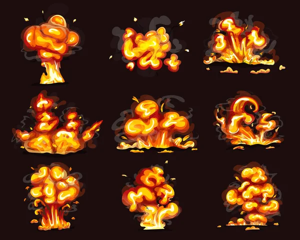 Esplosione Fuoco Animazione Sprite Vettore Impostato Cartoon Magia Colpito Effetto — Vettoriale Stock