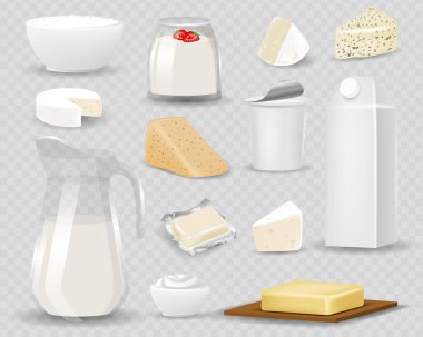 Mandıra ürünleri gerçekçi stil vektör illüstrasyonuna izole edilmiş. Farklı doğal süt içecekleri ve yiyecekler, boş etiketli 3D ambalaj, yoğurt, tereyağı ve peynir.