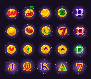 Kumarhane oyun slot makinesi simgesi. Vektör kumar makinesi rozet kiti, meyve seti, kartlar, ikramiye tabelası, altın çipler. Çevrimiçi döndürme, mobil eğlence