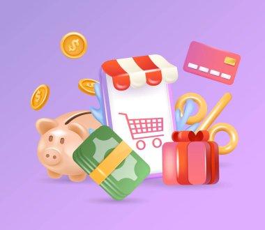 Online alışveriş 3D Illustration, online shop, online ödeme ve teslimat konsepti. Mobil pazarlama ve dijital pazarlama. 3B Web Vektör Resimleri.