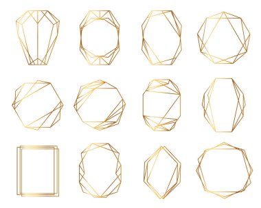 Düğün davetiyesi için geometrik çokyüzlü sanat dekorasyonlu altın set. Lüks zarif şablonlar, dekoratif şablonlar