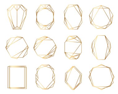 Gold set with geometrical polyhedron art decoration style for wedding invitation. Luxury elegant templates, decorative patterns clipart