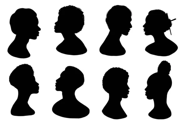 Sada Vektorových Černých Mužů Žen Profil Lidí Siluety Vektorová Ilustrace — Stockový vektor