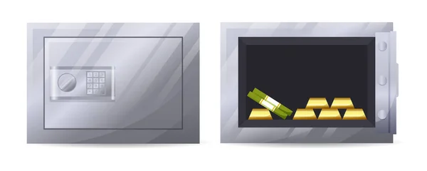Bank Metal Vault Safes Open Closed Doors Safe Icons Gold — 图库矢量图片
