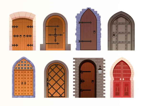 Cartoon Set Medieval Castle Doors White Vector Cartoon Set Entrance — Stockvektor