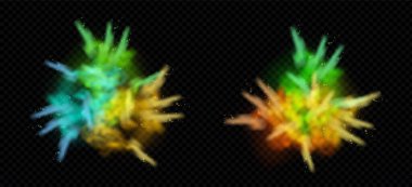 Holi paint powder color explosion realistic. Splash of paint dust with particles. Vector realistic set of burst effect of colorful powder clouds
