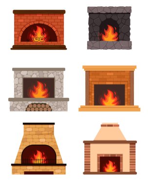 Fireplace color flat icons set. Fireplaces and hearths design elements set. Collection of various fireplaces. Home fireplace collection