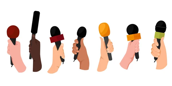 Mains Tenant Des Microphones Journalistes Des Médias Masse Journalistes Avec — Image vectorielle