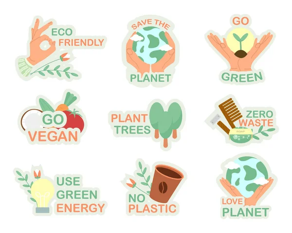 Colección Ecología Pegatinas Veganas Más Eslóganes Plástico Salva Planeta Usa — Vector de stock