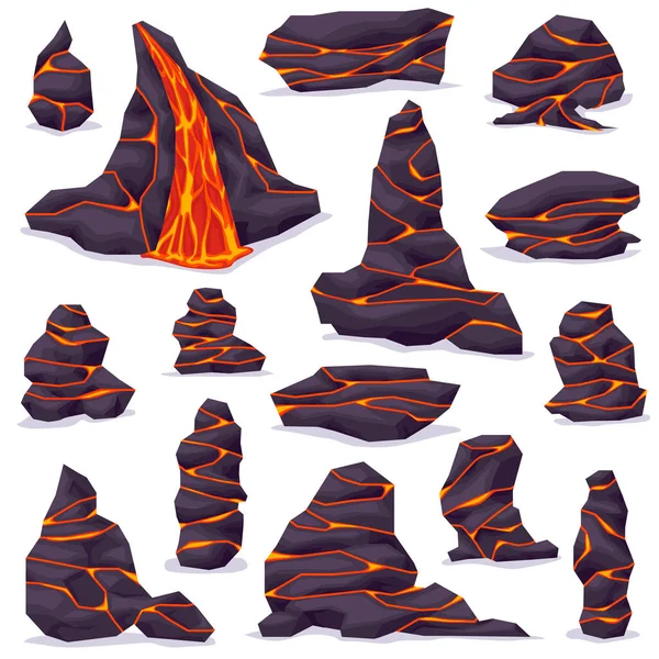 Vulkansten Med Lava Sprickor Lava Rock Med Spricka Vektorillustrationsset Eps10 — Stock vektor