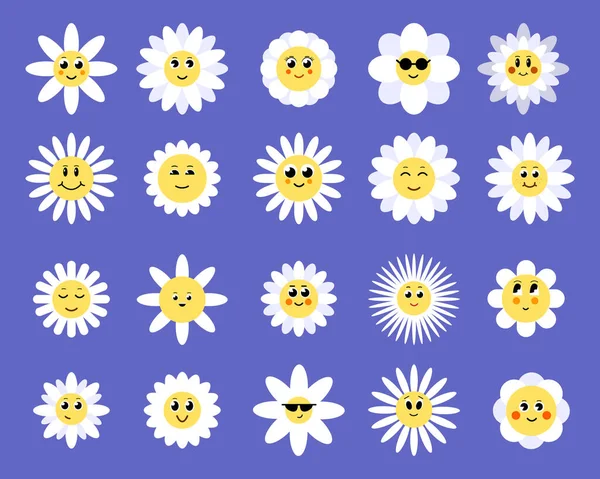 Blommor Med Tecknade Roliga Leende Ansikten Groovy Blomma Tecknade Tecken — Stock vektor