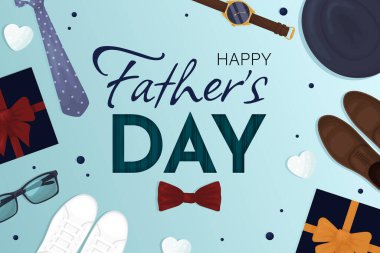 Şapka, kravat ve hediye kutusuyla Babalar Günün kutlu olsun. Tebrik kartı. Vektör illüstrasyonu EPS10.