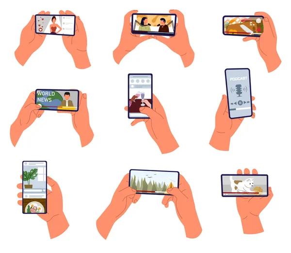 Руки Тримають Смартфон Дивитись Відео Онлайн Екрані Мобільного Телефону Podcast — стоковий вектор