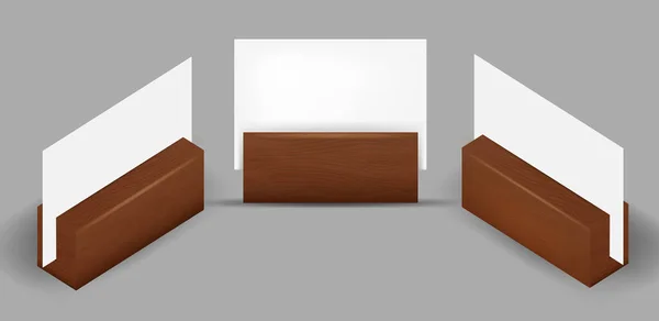 Weiße Leere Tischkarten Auf Holzständern Realistische Detaillierte Blank White Empty — Stockvektor