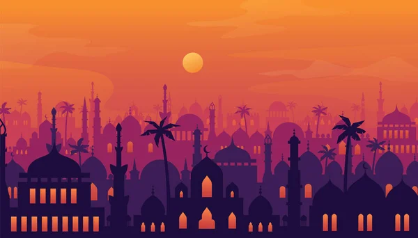 Arabisk Stadsbild Solnedgången Stadslandskap Gamla Arabiska Stadsbilden Landskap Vid Solnedgången — Stock vektor