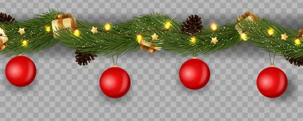 Guirnalda Navidad Decorativa Sin Costuras Con Ramas Coníferas Cadena Ligera — Vector de stock