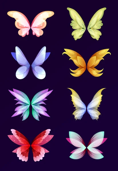 神奇的生物翅膀设置 仙女座的不同翅膀 矢量漫画一组翅膀对魔法和幻想人物和动物隔离在白色背景下 — 图库矢量图片