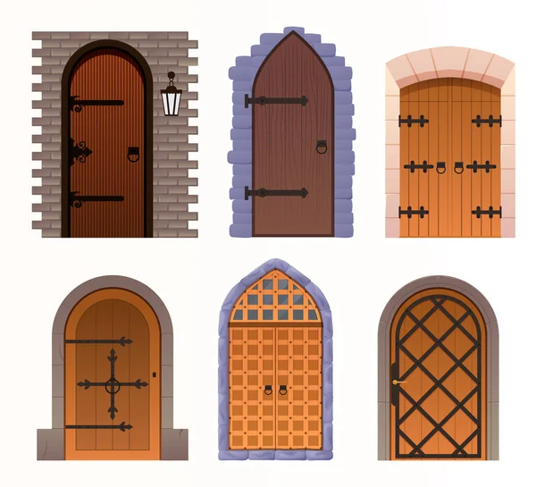 Portas Medievais Castelo Desenhos Animados Antiga Fortaleza Portões Madeira Porta — Vetor de Stock