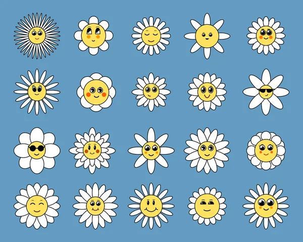Fleurs Avec Des Visages Souriants Drôles Dessins Animés Groovy Personnages — Image vectorielle