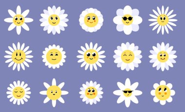 Gülen komik yüzlü çiçekler. Harika çiçek çizgi film karakterleri. Gözleri ve gülümsemesiyle komik, mutlu bir papatya. Çocuk logosu dizaynı ve papatya vektörü seti.