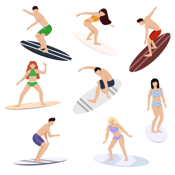 冲浪者的角色船上的人解剖海浪和海浪 海滩运动 极端的运动员 穿着泳衣在海上或海上冲浪的可爱有趣的人 — 图库矢量图片