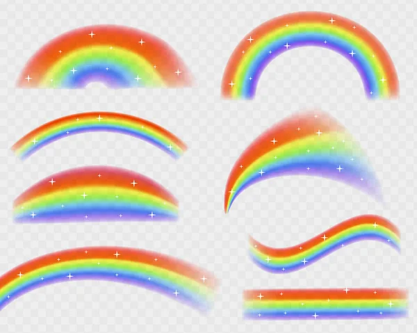 Regenbogen Unterschiedlicher Form Realistisches Set Glanzsterne Mit Glitzereffekt Vektorillustration Regenbogeneffekt — Stockvektor
