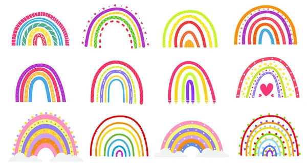 漫画の虹 虹色の尾を持つカラフルな虹 心と雲 幼稚平ベクトルイラスト集 — ストックベクタ