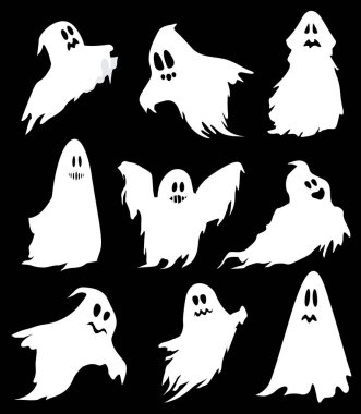Karikatür cadılar bayramı hayaleti, hayalet ruhlar ve gizemli hayaletler. Korkunç hayalet karakterler, komik hayaletler, sevimli gülüşler, cadılar bayramı hayalet maskotları vektör çizimleri..