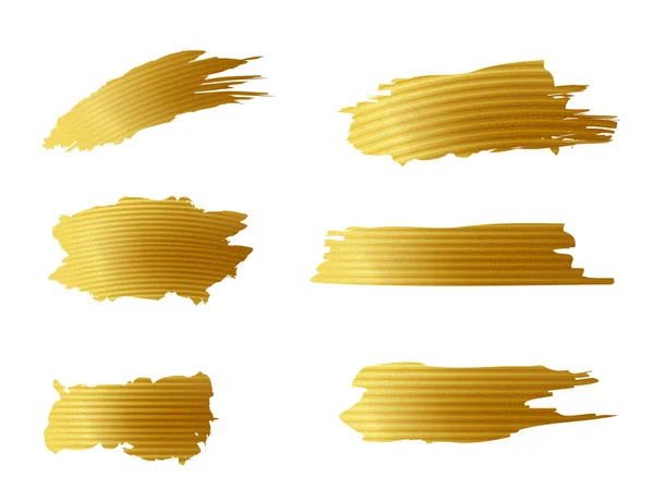ベクトルゴールド塗装スミアストローク汚れセット ゴールデンペイントブラシストローク 金属効果と現実的な金のブラシストローク 輝く質感でゴールドペイントスミア — ストックベクタ