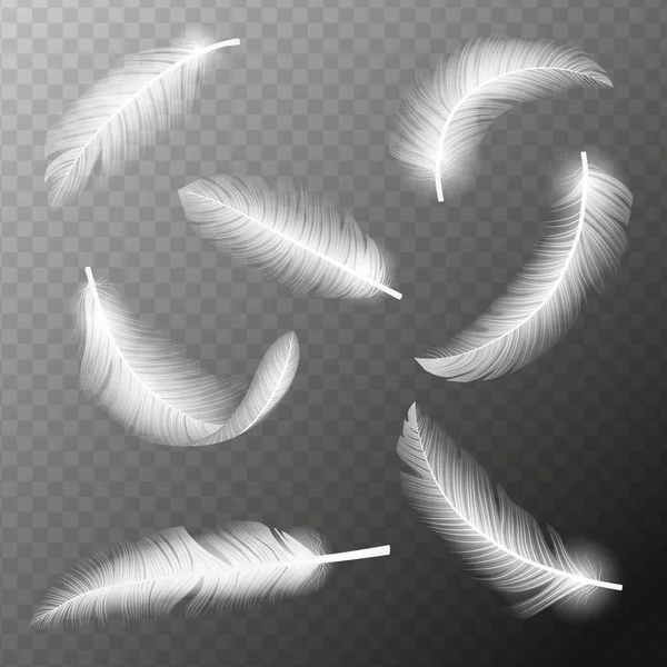 羽が飛んでる ふわふわの現実的な白い白鳥 または天使の翼の羽の流れが渦巻く 落下する鳩の羽の質感の現実的な3Dベクトルイラスト — ストックベクタ