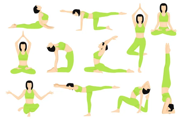 Set Van Slanke Sportieve Jonge Vrouw Doen Yoga Fitness Oefeningen — Stockvector
