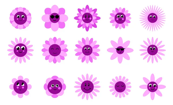 卡通人物笑脸的花朵 华丽的花朵卡通人物 笑容可亲的快乐的雏菊 带有雏菊矢量集的儿童标识设计 — 图库矢量图片