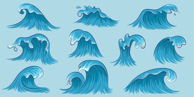 Vektör deniz dalgaları koleksiyonu. Karikatür tarzında izole edilmiş okyanus suyu sıçraması.