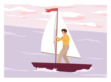 Bir grup insan gelecekteki düz vektör çizimine bakıyor. İnsanlar doğada seyahat eder, gökyüzü ufuklarını, bulutları, yıldızları seyrederler. Açık hava yaz maceraları