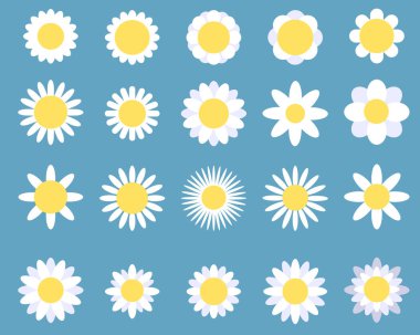 Gülen komik yüzlü çiçekler. Harika çiçek çizgi film karakterleri. Gözleri ve gülümsemesiyle komik, mutlu bir papatya. Çocuk logosu dizaynı ve papatya vektörü seti.