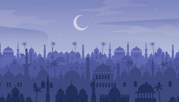 Nacht Alte Arabische Stadt Wüstenlandschaft Muslimisches Dorf Mit Traditionellem Marktbild — Stockvektor