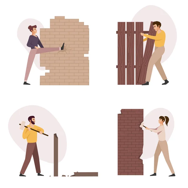 Adamları Duvarları Yıkıyor Düz Çalışanlar Engelleri Farklı Şekillerde Ezer Betonu — Stok Vektör