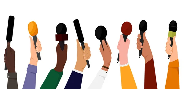 Mãos Segurar Microfones Repórteres Mídia Massa Jornalistas Com Gravador Microfone —  Vetores de Stock